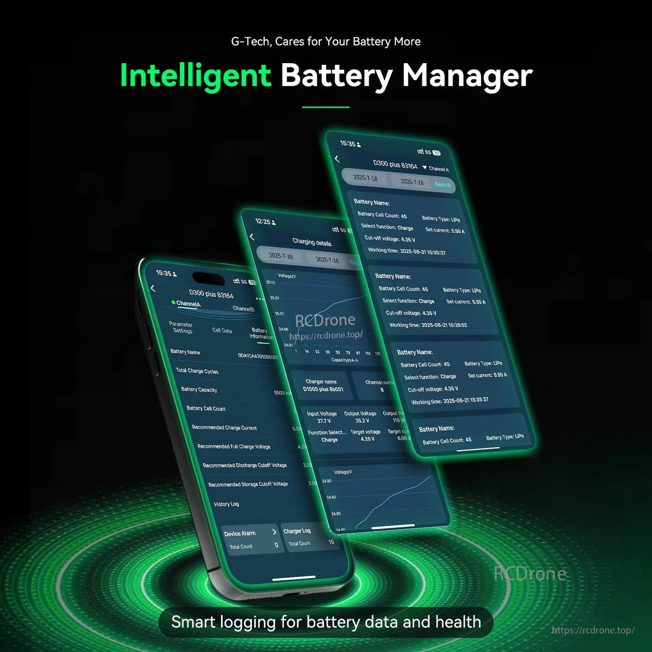 Gens ace iMars D300 Plus smart charger app screens showing Intelligent Battery Manager and battery data logging
