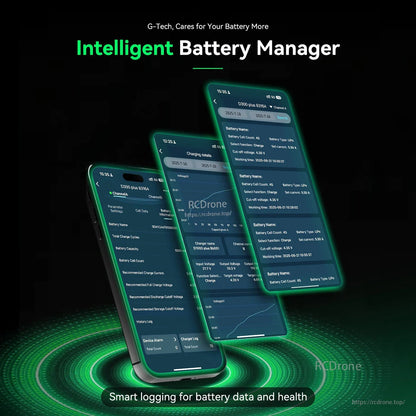 Gens ace iMars D300 Plus smart charger app screens showing Intelligent Battery Manager and battery data logging