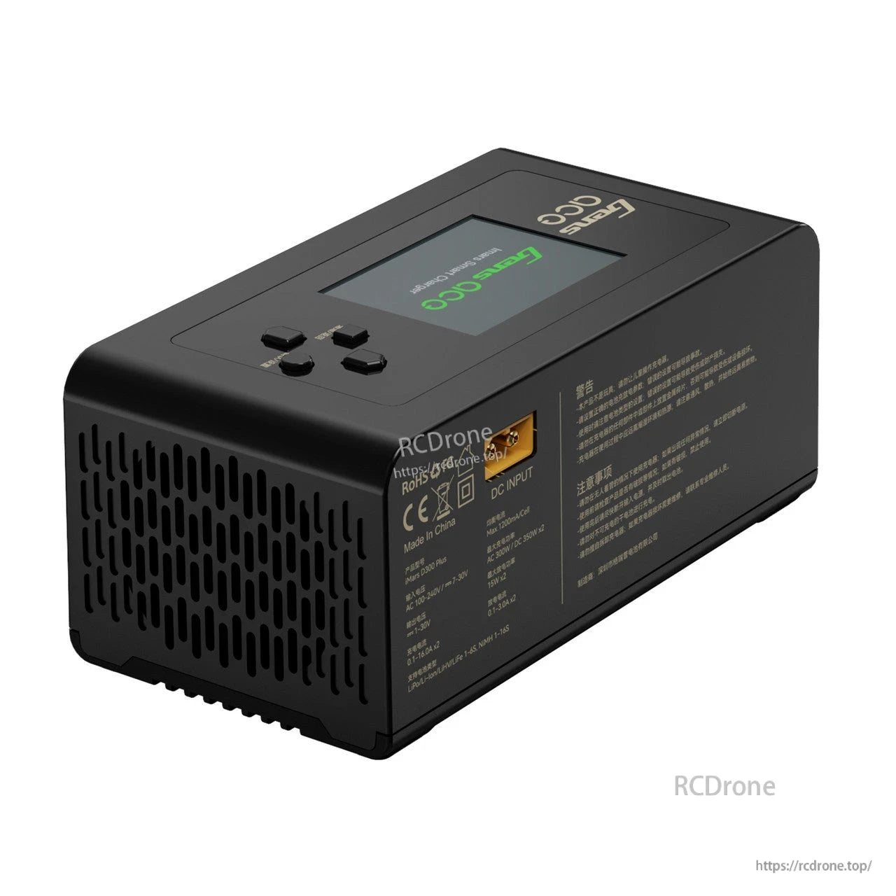 Gens ace iMars D300 Plus smart charger with LCD screen, control buttons, side vents, and XT60 DC input port