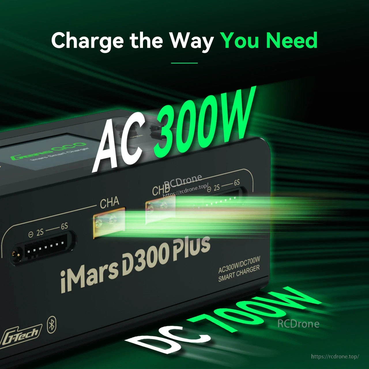 Gens ace iMars D300 Plus smart charger with CHA and CHB ports, labeled AC 300W and DC 700W output