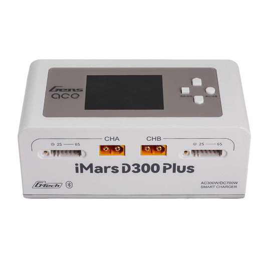 Gens ace iMars D300 Plus Smart Charger (White), Gens ace iMars D300 Plus smart charger in white with dual CHA/CHB ports, 2S–6S balance ports, and LCD screen