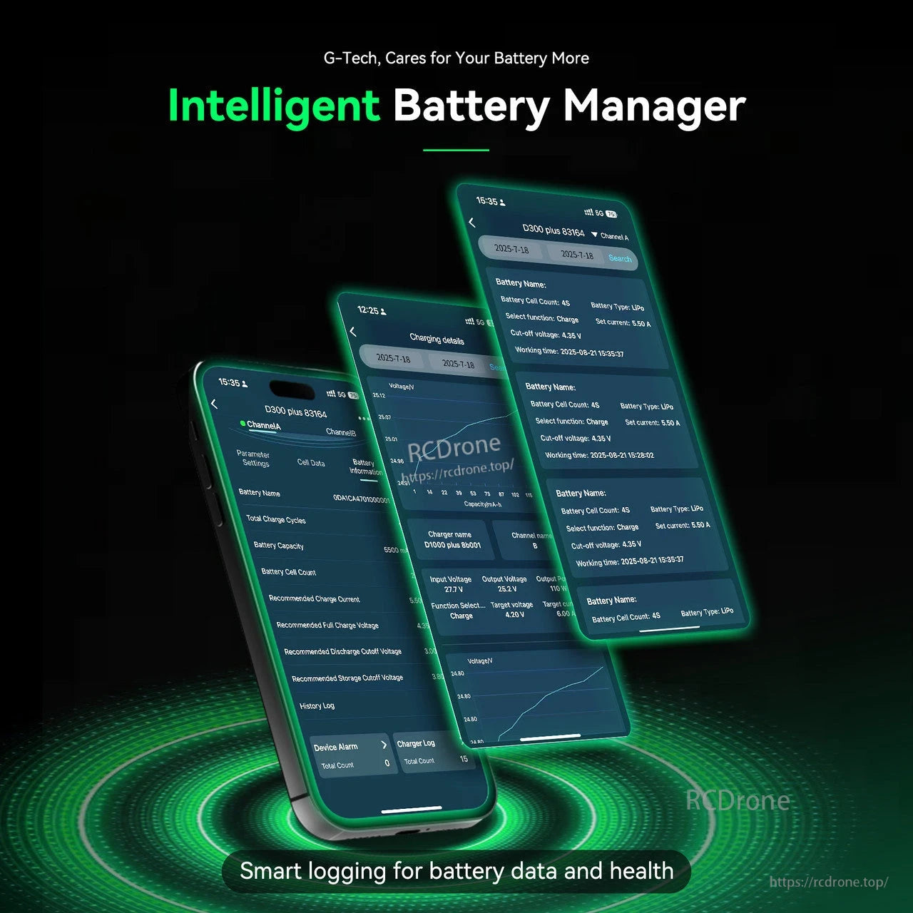 Gens ace iMars D300 Plus Smart Charger (White), Intelligent Battery Manager app screens for the Gens ace iMars D300 Plus smart charger, showing battery logs and charging data