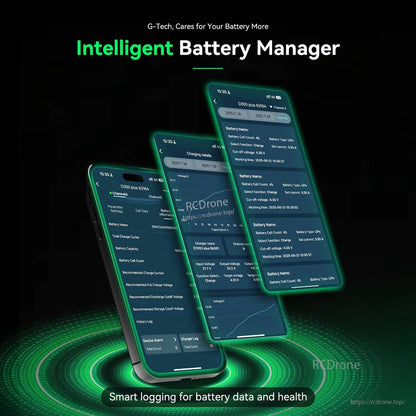 Gens ace iMars D300 Plus Smart Charger (White), Intelligent Battery Manager app screens for the Gens ace iMars D300 Plus smart charger, showing battery logs and charging data