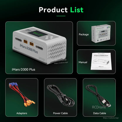 Gens ace iMars D300 Plus Smart Charger (White), Gens ace iMars D300 Plus smart charger in white with dual output ports, plus manual, adapter leads, and cables