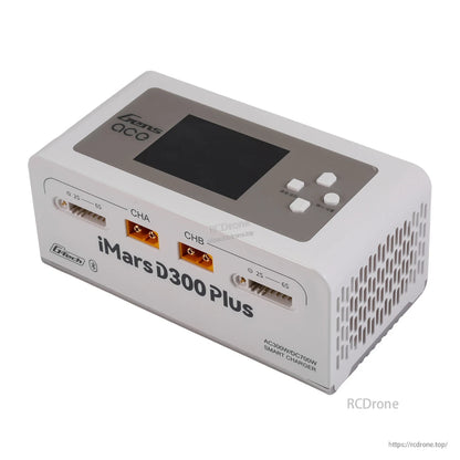 Gens ace iMars D300 Plus Smart Charger (White), Gens ace iMars D300 Plus smart charger in white with dual CHA/CHB ports, 2S–6S balance ports, and LCD screen