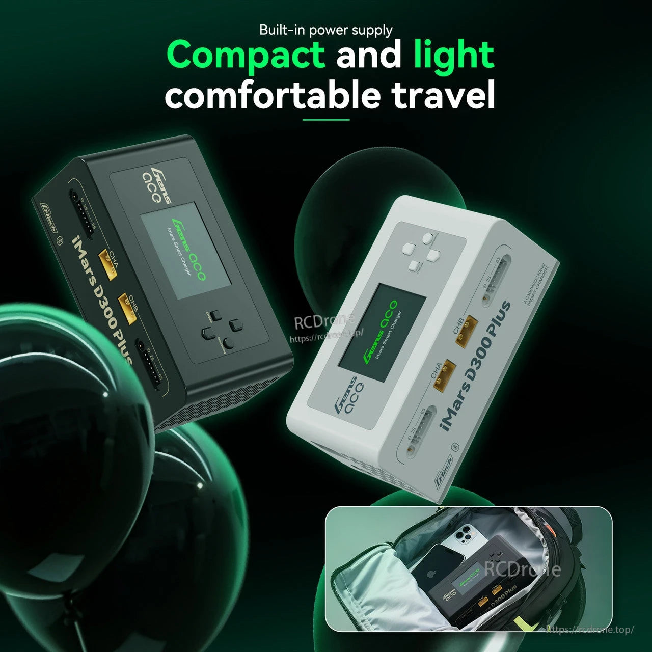 Gens ace iMars D300 Plus Smart Charger (White), White Gens ace iMars D300 Plus smart charger with built-in display and labeled CH A/CH B charge ports