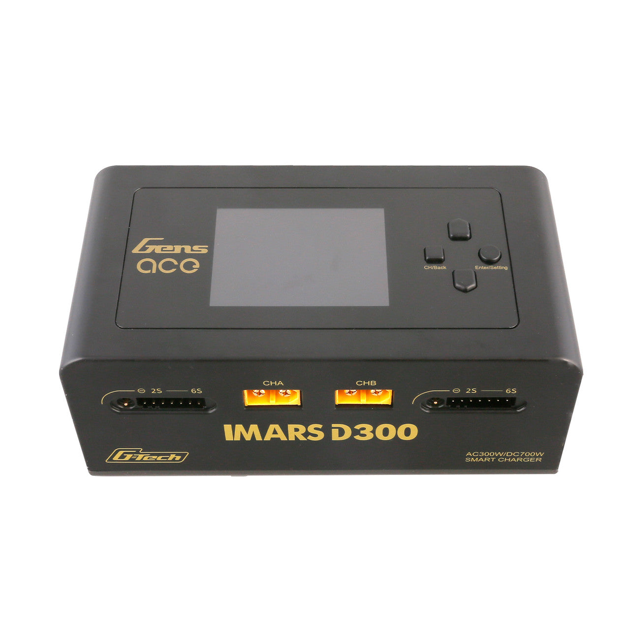 Gens ace iMars D300 RC battery charger with display, control buttons, dual CHA/CHB ports and 2S–6S balance ports
