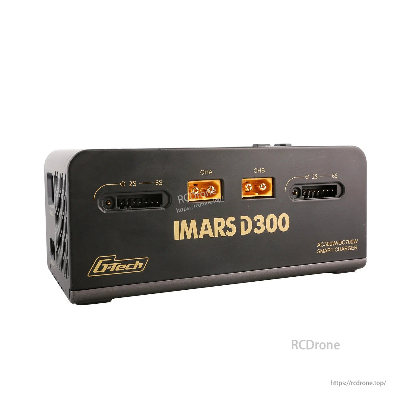 Gens ace iMars D300 RC battery charger with dual CHA/CHB ports, XT60 connectors, and 2S–6S balance ports