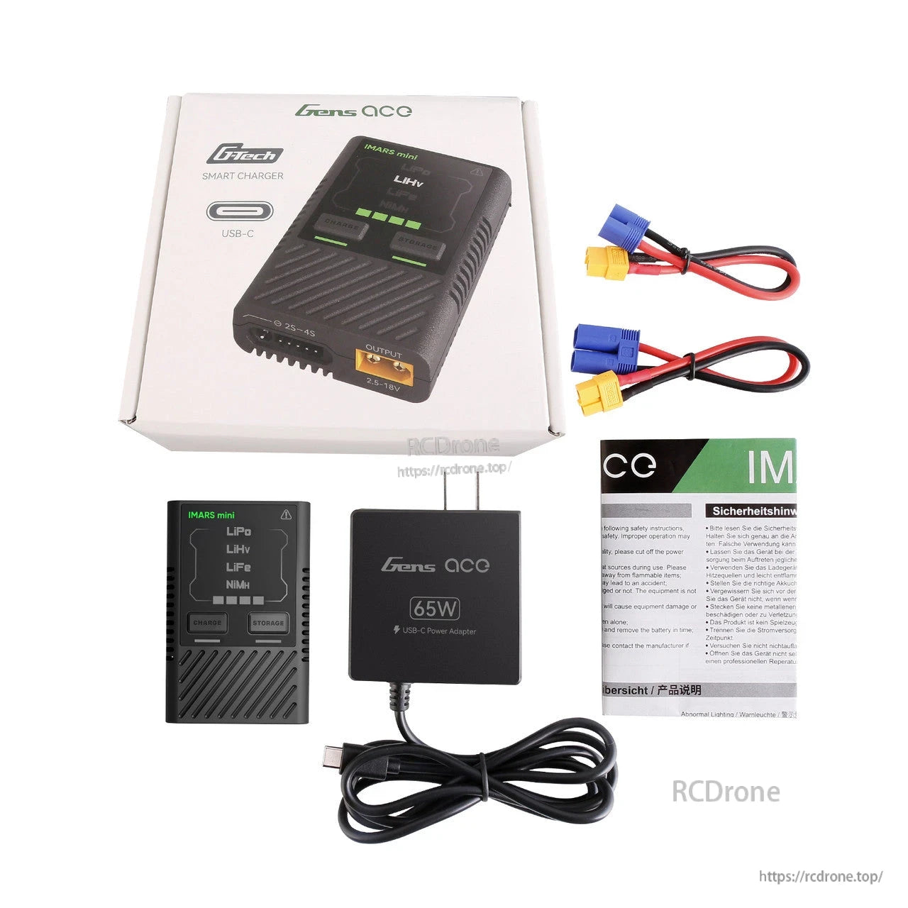 Gens ace iMars mini G-Tech 60W RC Battery Charger, Gens ace iMars mini G-Tech RC battery charger kit with 65W USB-C adapter, USB-C cable, leads and manual