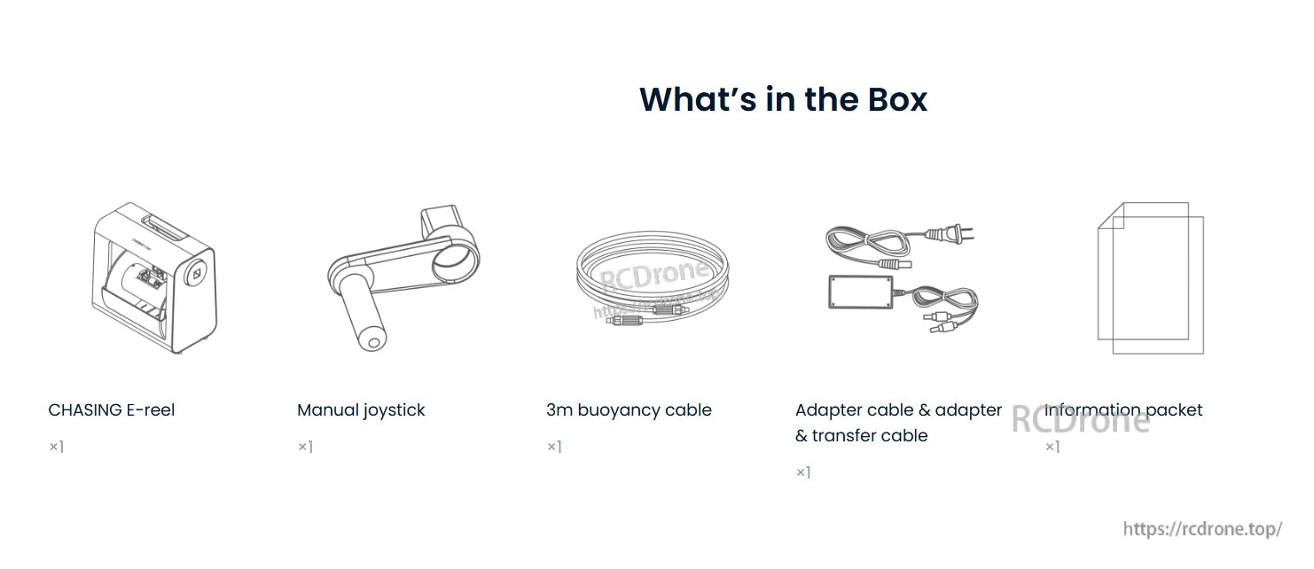 Gladuis Mini Reel, CHASING E-reel with manual joystick, 3m buoyancy cable, adapter cables, and information packet for underwater drone operation.