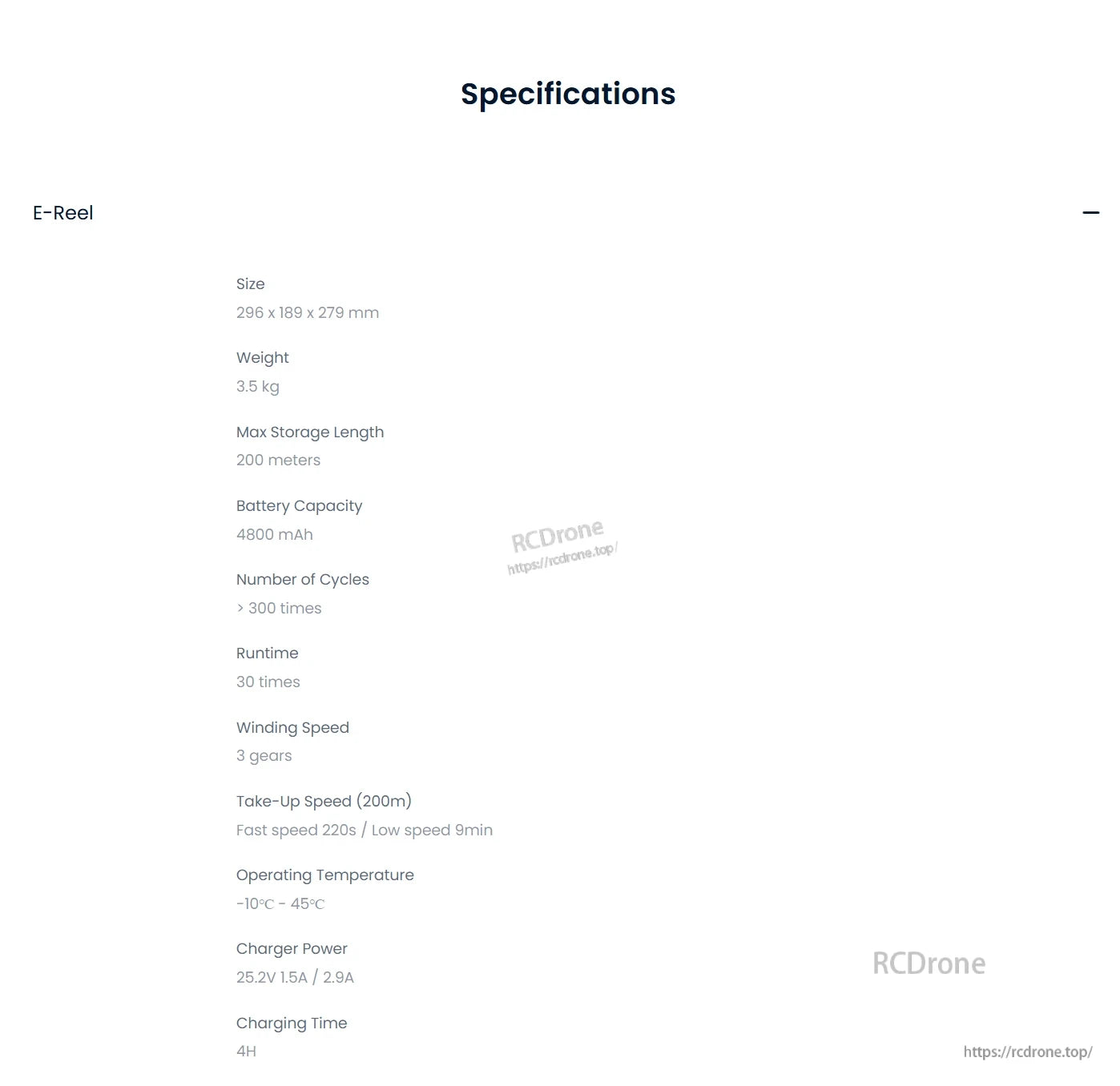 Gladuis Mini Reel, E-Reel: 296x189x279mm, 3.5kg, 200m line, 4800mAh battery, 30-min runtime, 3-speed winding, -10°C to 45°C, 4-hour charge.