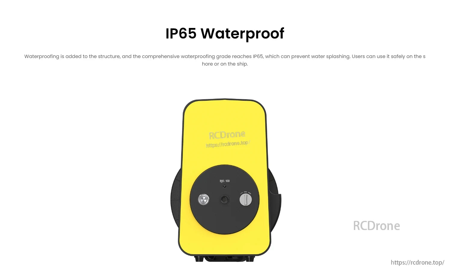 Gladuis Mini Reel, IP65 waterproof, safe for shore or ship use, yellow and black design with control buttons.
