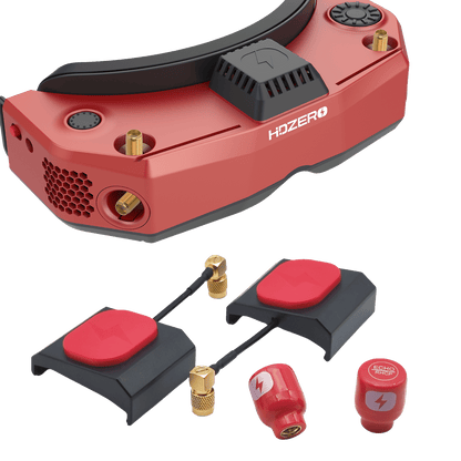 HDZero Goggle with antenna kit parts shown beside goggles: red faceplates, adapters, and Echo patch antennas