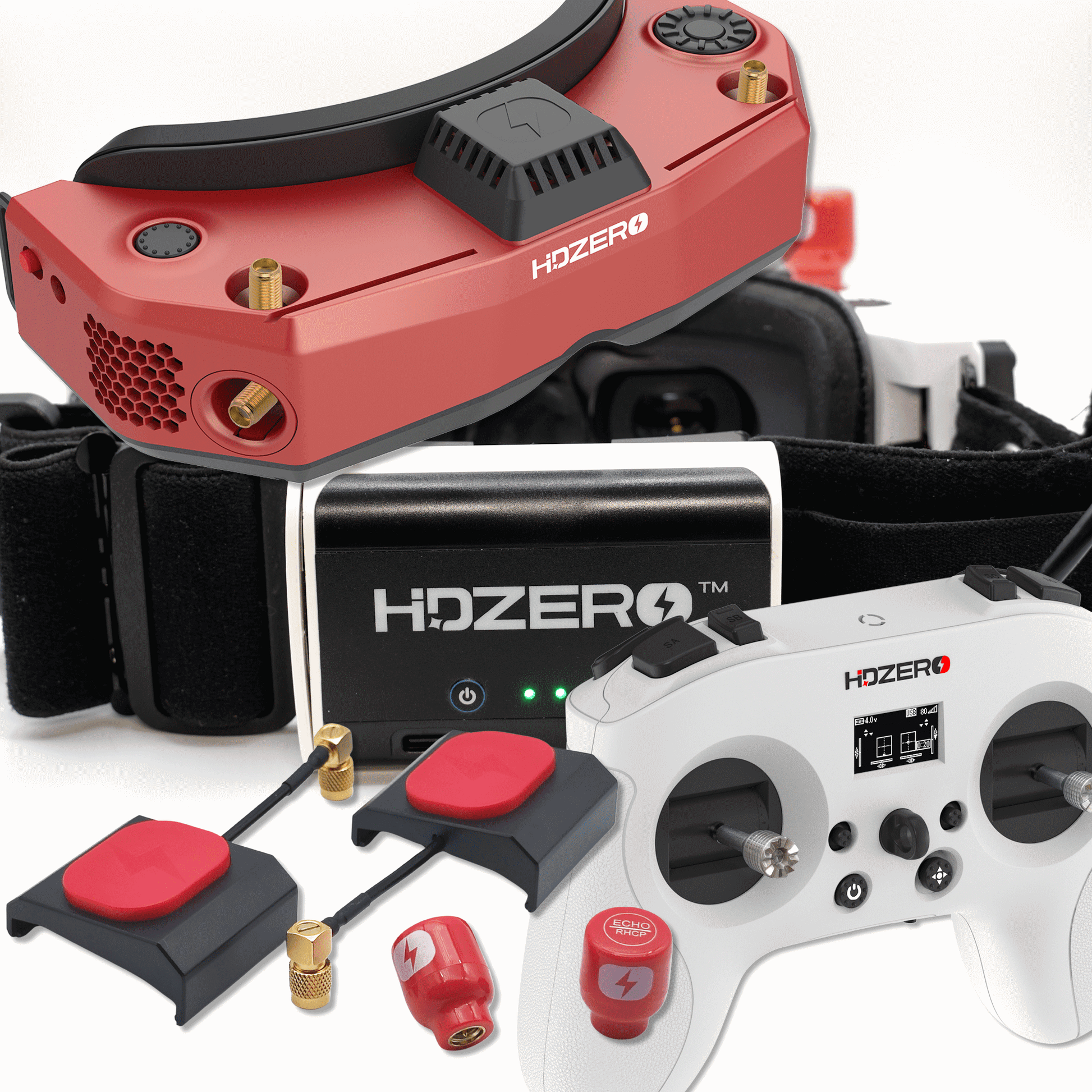HDZero Goggle starter kit with headset, receiver module, antennas and white controller on white background