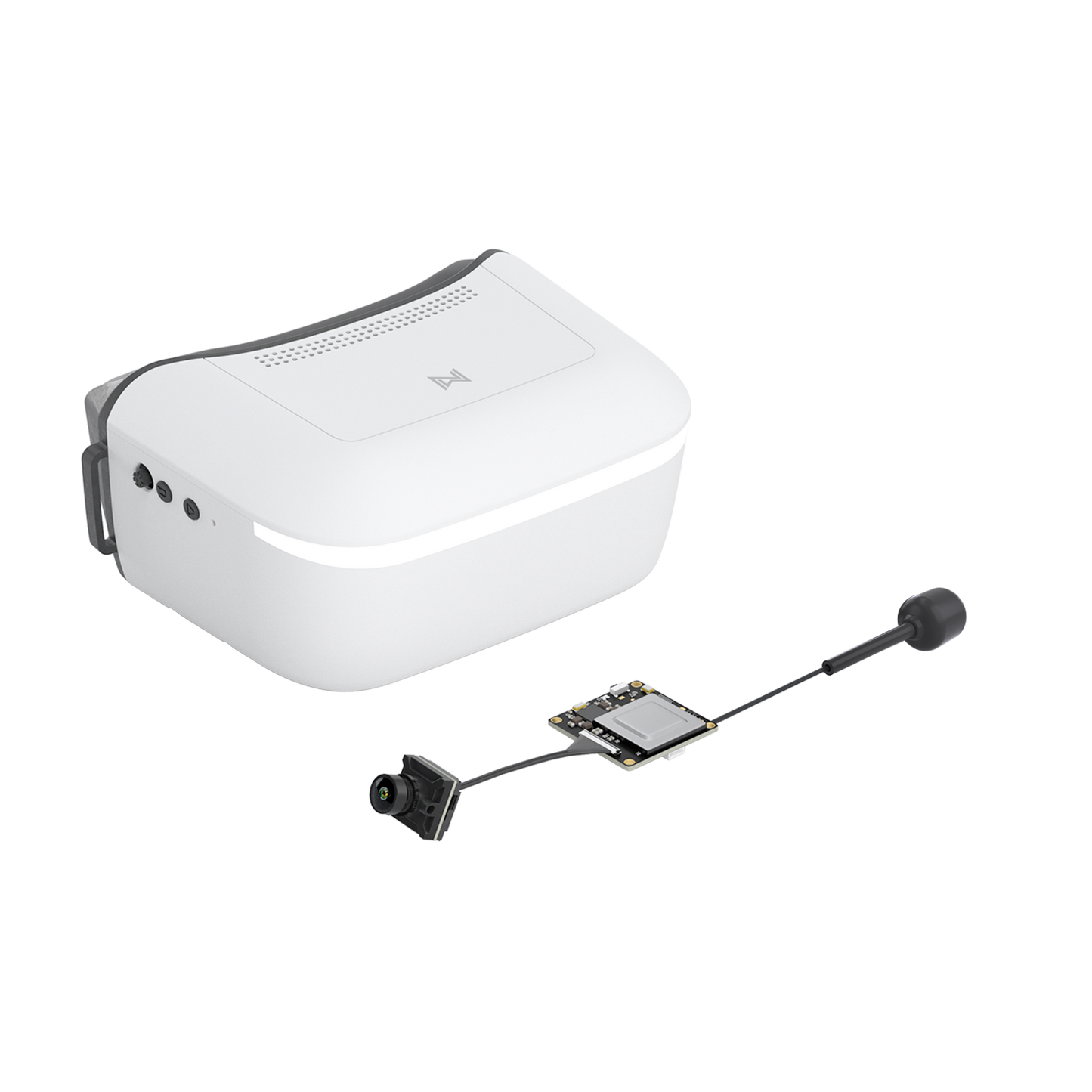 Walksnail Avatar HD Goggle kit with white FPV goggles, mini camera module, receiver board and antenna