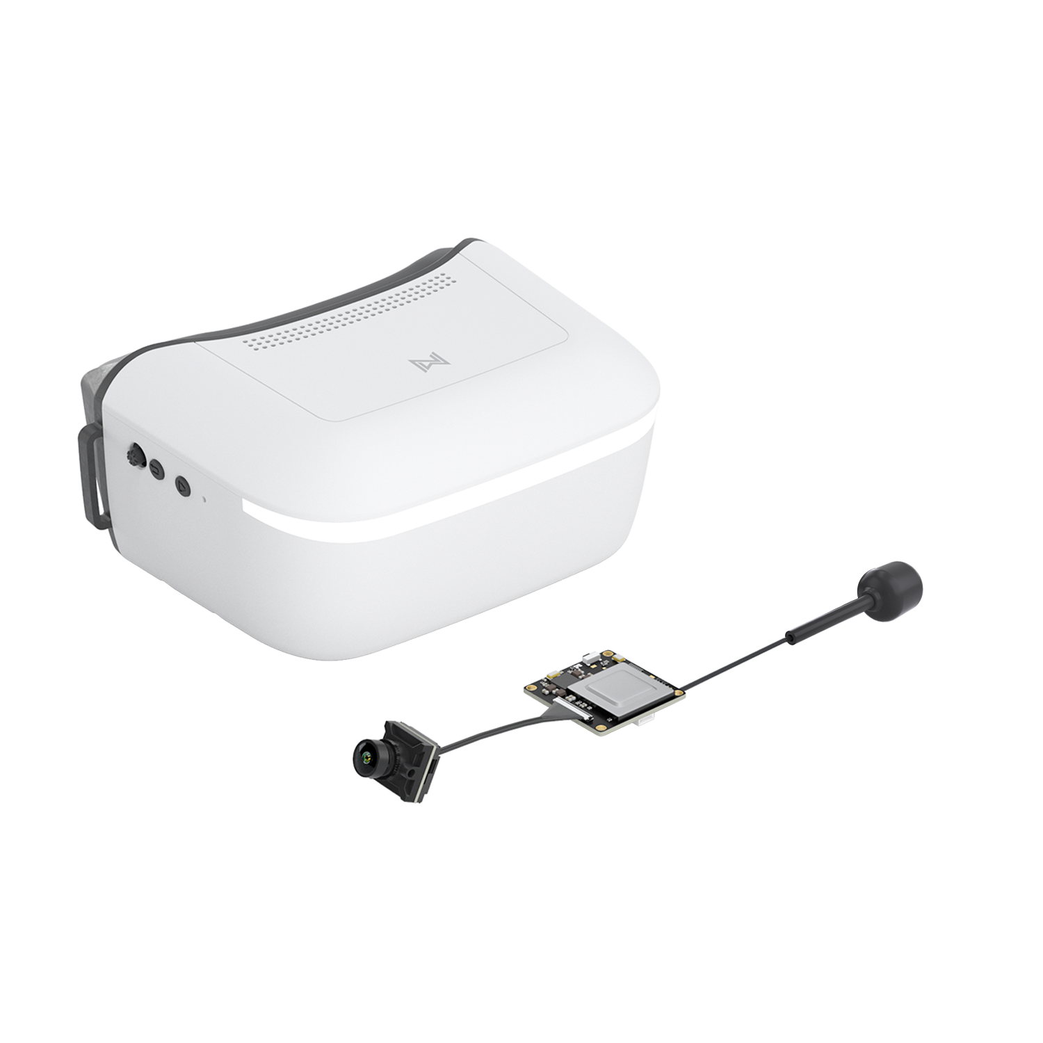 Walksnail Avatar HD Goggle kit with white FPV goggles, mini camera module, receiver board and antenna