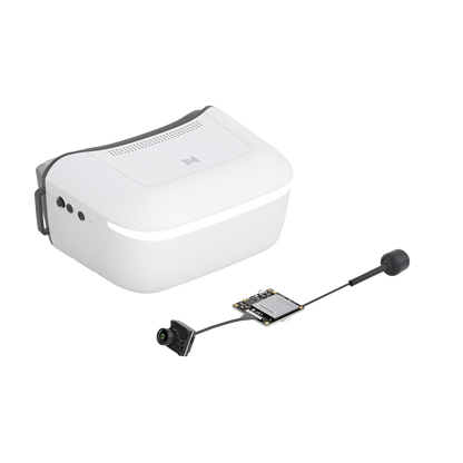 Walksnail Avatar HD Goggle kit with white FPV goggles, mini camera module, receiver board and antenna