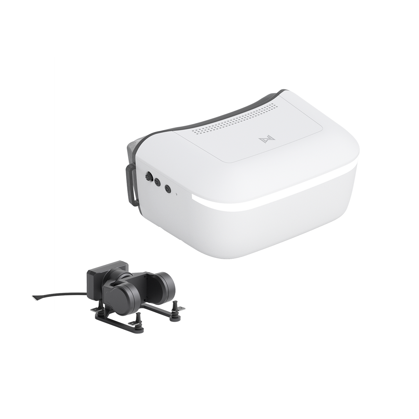 Walksnail Avatar HD Goggle kit in white with compact FPV camera module, three-quarter view