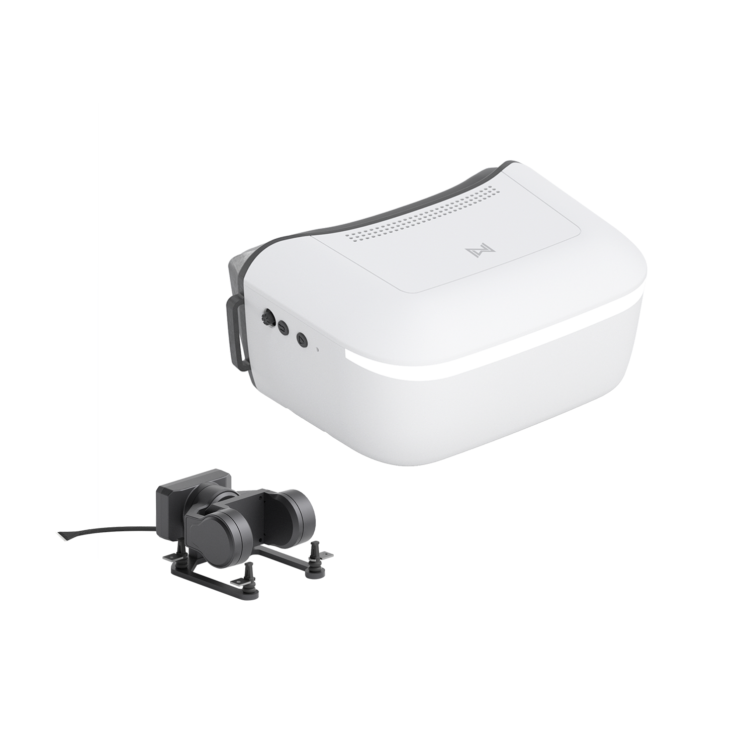 Walksnail Avatar HD Goggle kit in white with compact FPV camera module, three-quarter view