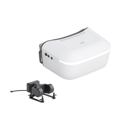 Walksnail Avatar HD Goggle kit in white with compact FPV camera module, three-quarter view