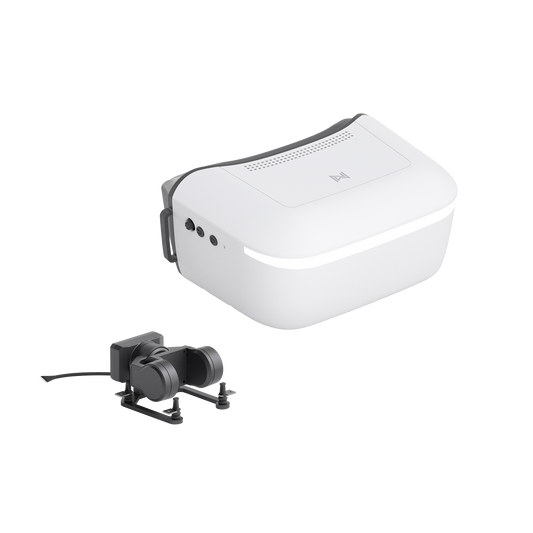 Walksnail Avatar HD Goggle kit in white with compact FPV camera module, three-quarter view