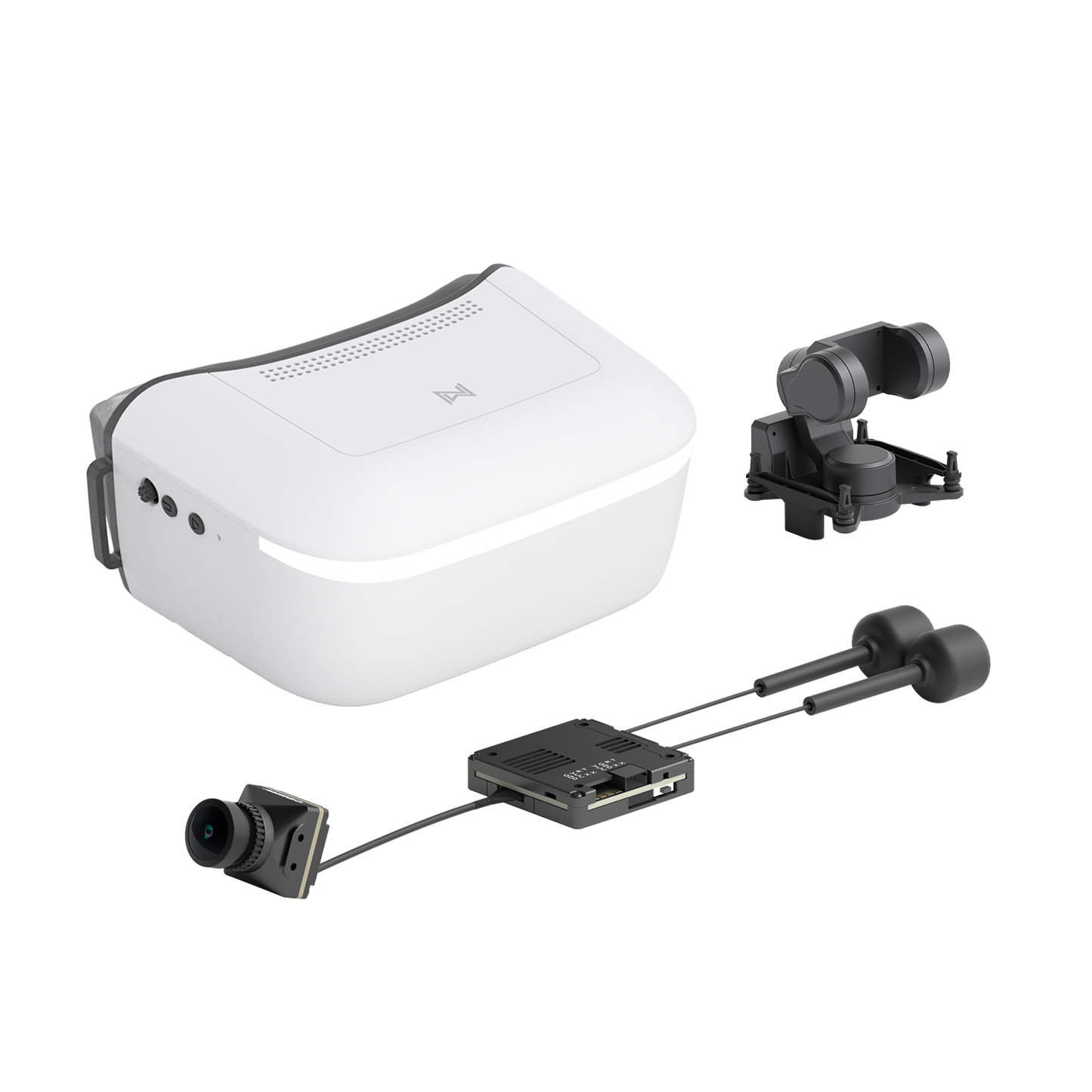 Walksnail Avatar HD Goggle kit with white FPV goggles, camera module, receiver board, and antennas