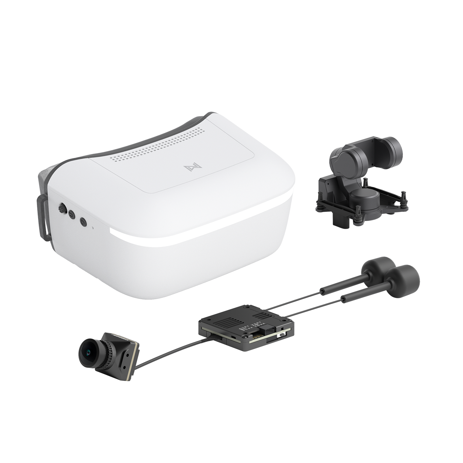 Walksnail Avatar HD Goggle kit with white FPV goggles, camera module, receiver board, and antennas