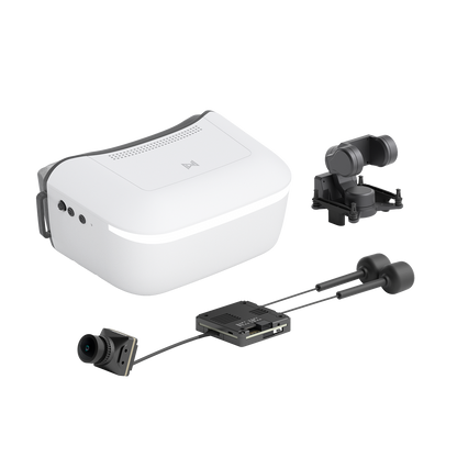 Walksnail Avatar HD Goggle kit with white FPV goggles, camera module, receiver board, and antennas