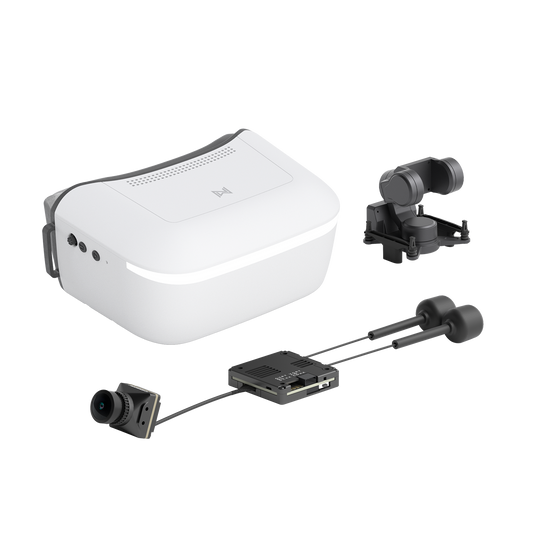 Walksnail Avatar HD Goggle kit with white FPV goggles, camera module, receiver board, and antennas