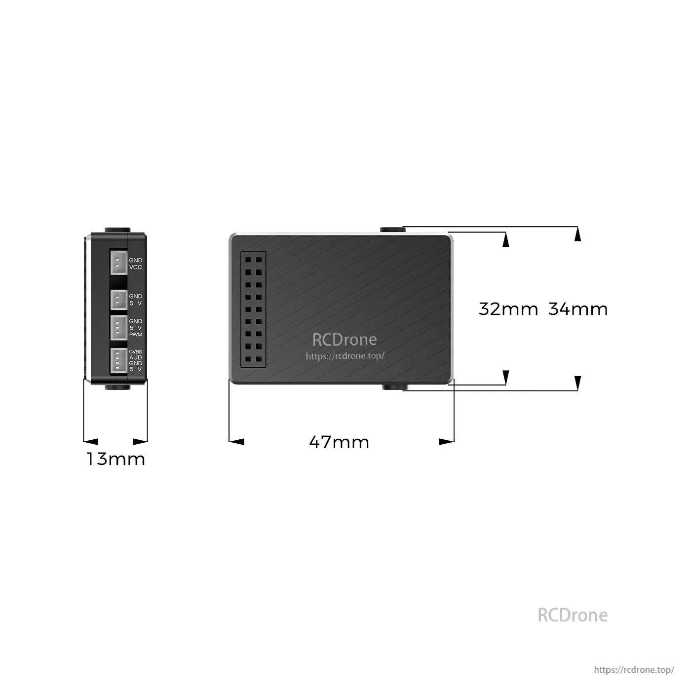 Goggles X extension module dimensions diagram with port pin labels and measurements 47mm x 34mm x 32mm, 13mm thick