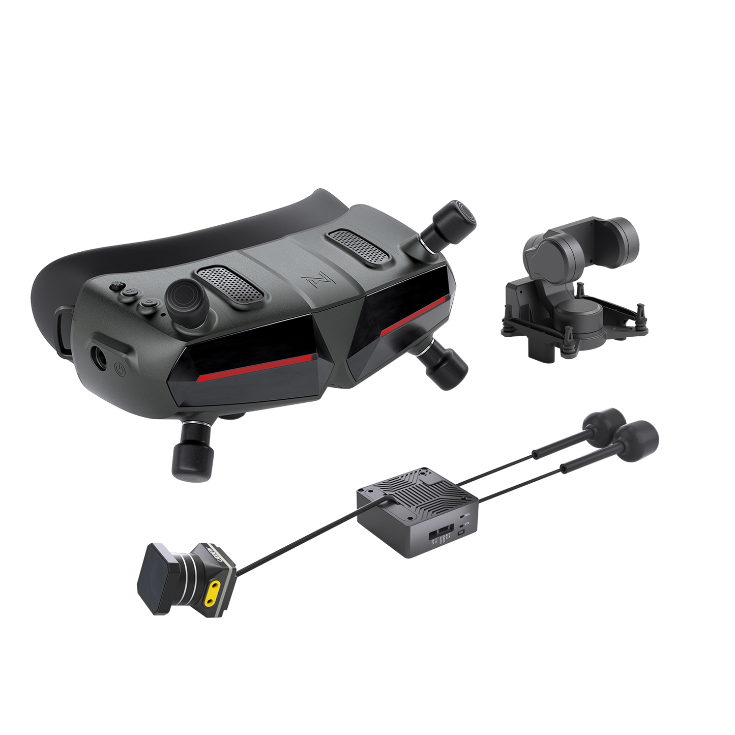 Walksnail Avatar HD Goggle kit with FPV goggles, camera module, and connecting cables on black