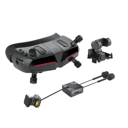 Walksnail Avatar HD Goggle kit with FPV goggles, camera module, and connecting cables on black