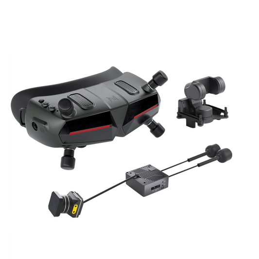 Walksnail Avatar HD Goggle kit with FPV goggles, camera module, and connecting cables on black