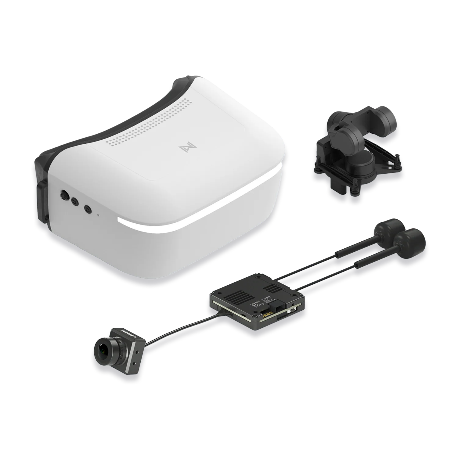 Walksnail Avatar HD Goggle set with FPV camera module, antenna unit and gimbal accessory