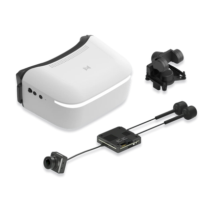 Walksnail Avatar HD Goggle set with FPV camera module, antenna unit and gimbal accessory