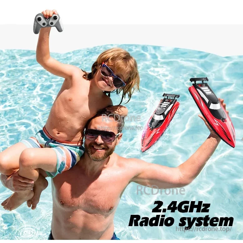 Gowinbaby RC boat with dual-motor and waterproof design, reaching speeds up to 20 km/h and controlling distance of 50 meters.