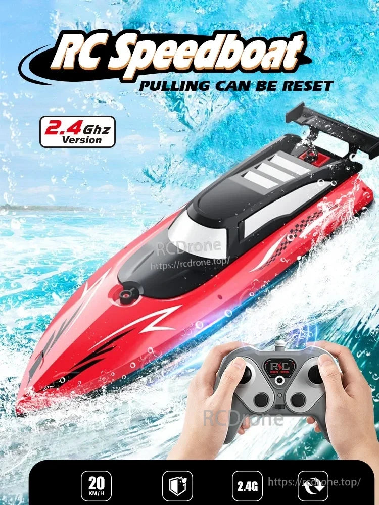 Gowinbaby RC Boat, High-speed 2.4GHz RC speedboat with responsive controls, reaches 20 km/h, features resettable pulling mechanism for dynamic water performance.