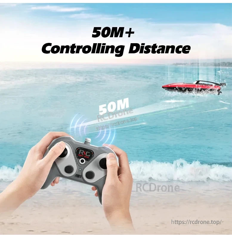 Gowinbaby RC Boat, Key features include a 2.4GHz remote control with a 50M+ effective range and an over-distance light prompt.