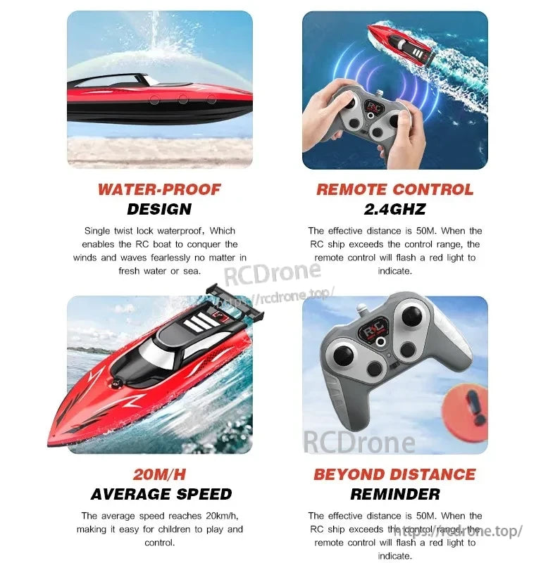 Gowinbaby RC Boat, Waterproof drone with twist lock, 2.4GHz control up to 50M, 20km/h speed, and red light distance alert.