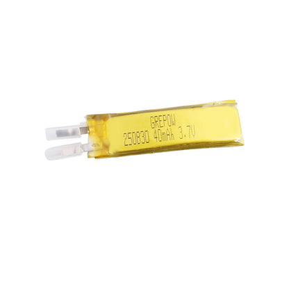 Grepow 2508030 LiPo Battery, Grepow 2508030 3.7V 40mAh 1S LiPo pouch battery cell with yellow wrap and terminal tabs