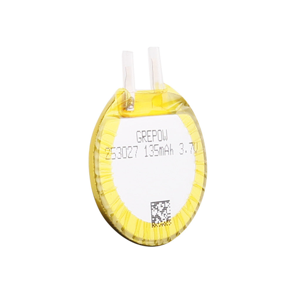 Grepow 2530027 round LiPo battery cell with tabs, labeled 3.7V 135mAh and QR code label