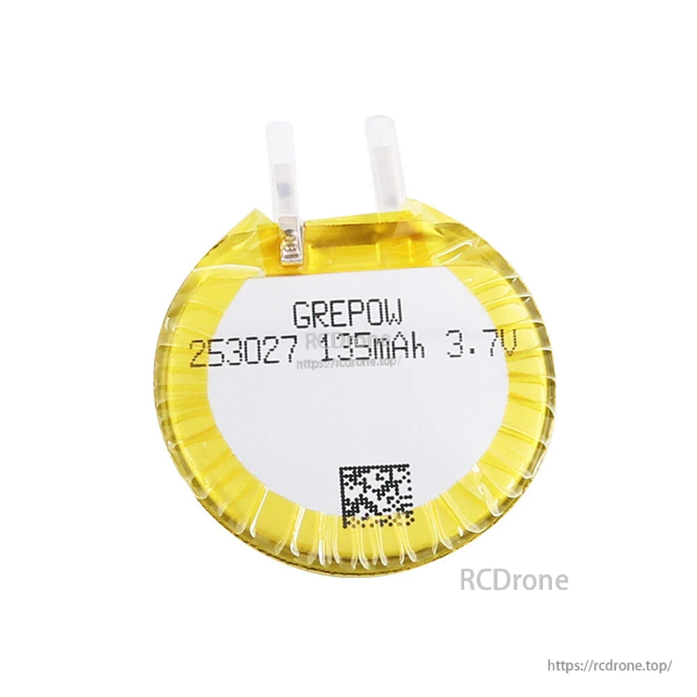 Grepow 253027 round 3.7V 135mAh LiPo battery cell with yellow wrap and two terminal tabs