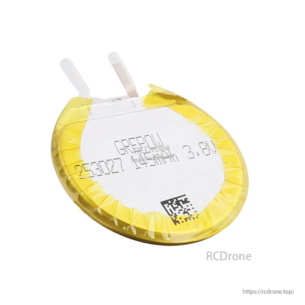 Grepow round 3.8V 145mAh LiPo battery with two solder tabs, yellow-wrapped pouch cell and printed label