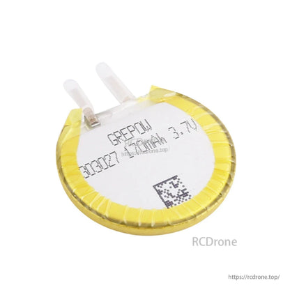 Grepow 3030027 3.7V 170mAh 1S1P LiPo Battery, Grepow round 3.7V 170mAh 1S LiPo battery cell with solder tabs, yellow-wrapped edge and printed label
