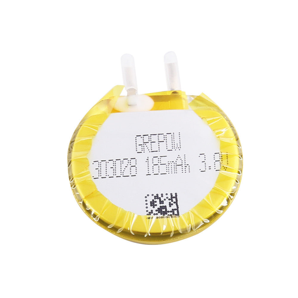 Grepow 3030028 LiPo Battery, Grepow 3030028 round LiPo battery cell with yellow wrap and dual tabs, labeled 185mAh 3.8V