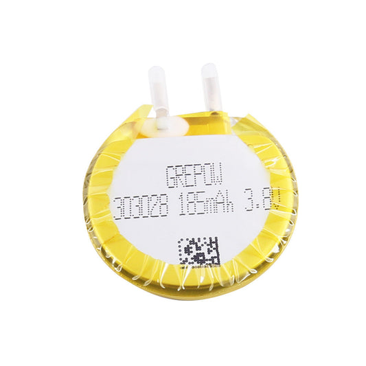 Grepow 3030028 LiPo Battery, Grepow 3030028 round LiPo battery cell with yellow wrap and dual tabs, labeled 185mAh 3.8V