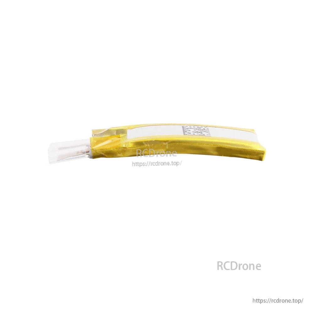 Grepow 3113031 LiPo Battery, Grepow 3113031 LiPo pouch battery with yellow wrap and small white connector lead, side view