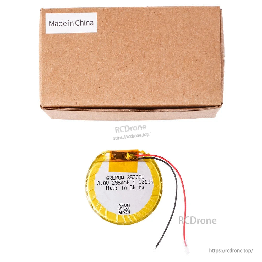 Grepow 3533031 LiPo Battery, Grepow 353331 round LiPo battery pack, 3.8V 295mAh (1.121Wh) with red/black lead wires and small plug