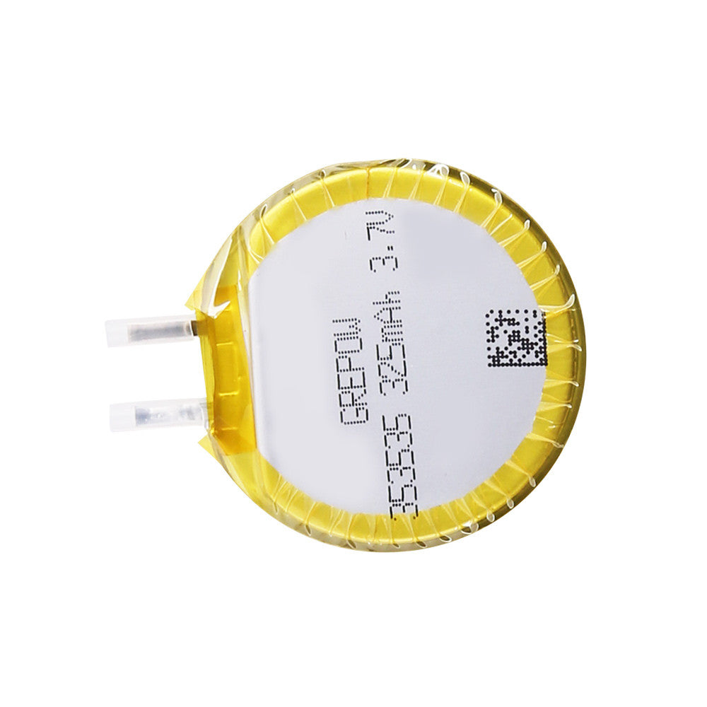 Grepow round 3.7V LiPo battery pack with yellow wrap, printed label, and two lead terminals