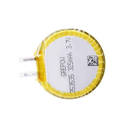 Grepow round 3.7V LiPo battery pack with yellow wrap, printed label, and two lead terminals